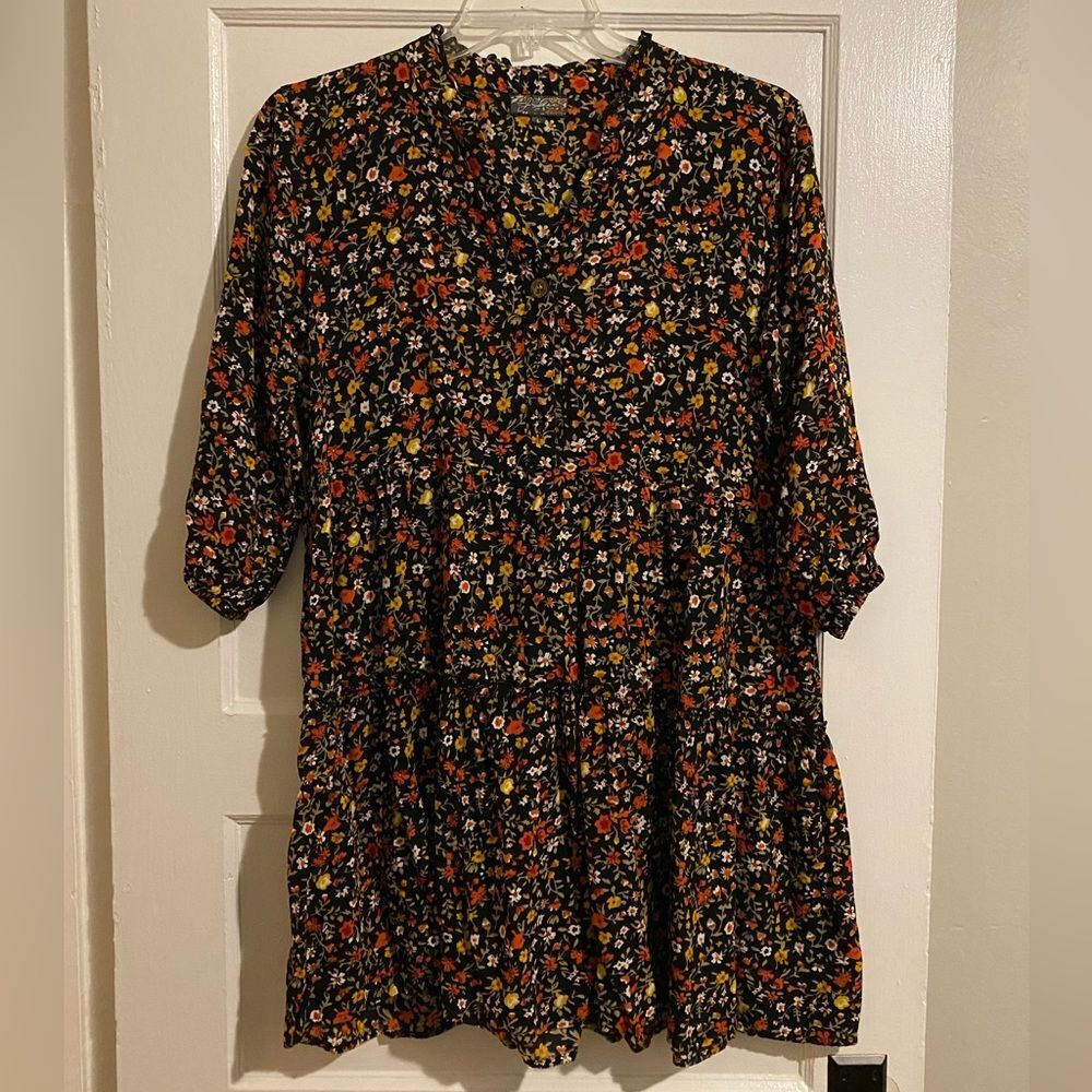 J Gee Floral Print Long Sleeve Layered Flouncy Midi Dress